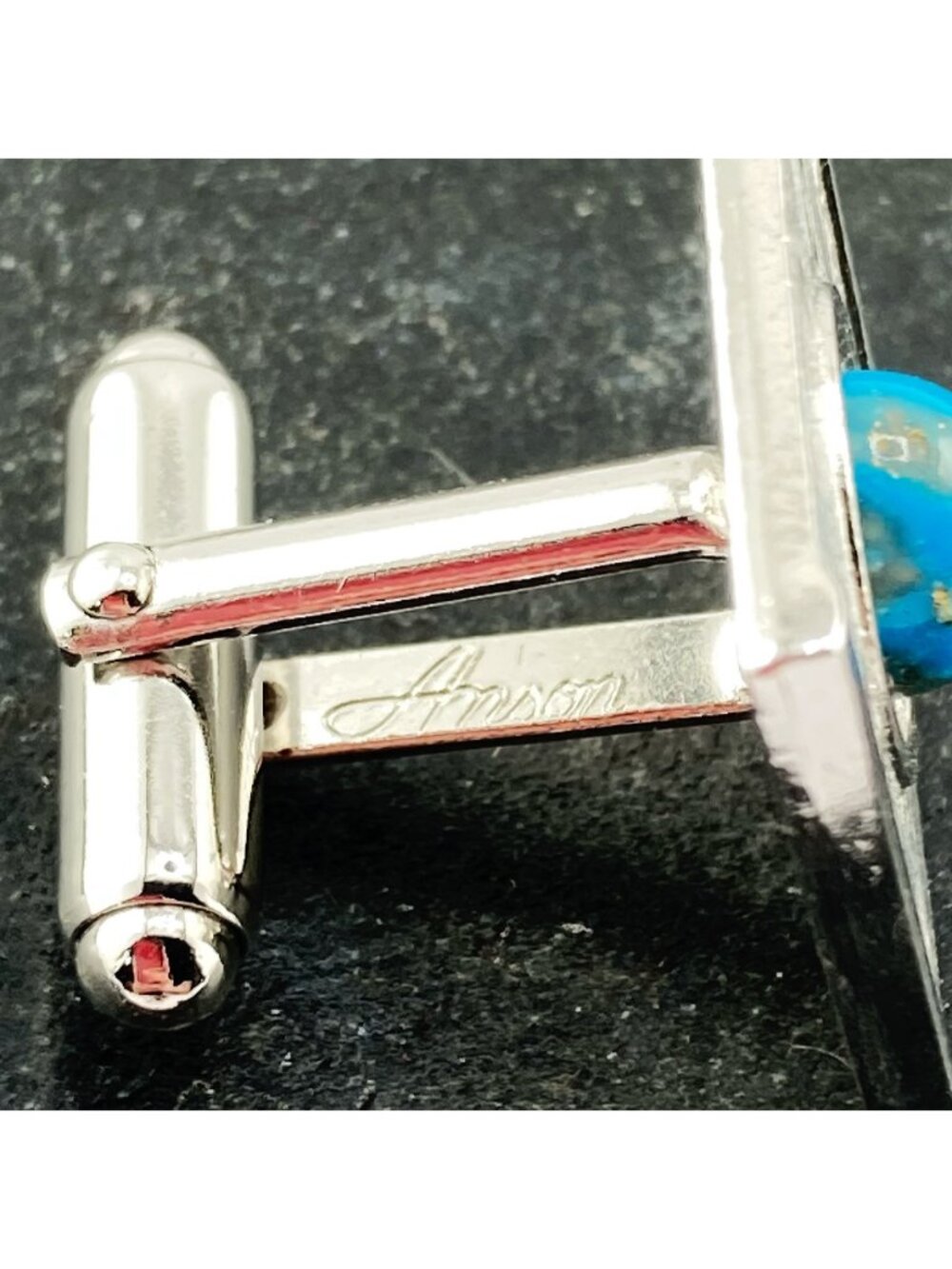ANSON Vintage gold flecked turquoise lucite silver tone metal square cuff links - Picture 9 of 10